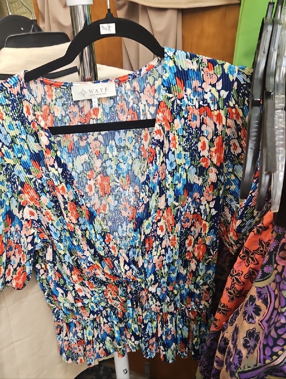 Wayf Blue & Coral Floral Pleated V-Neck Top